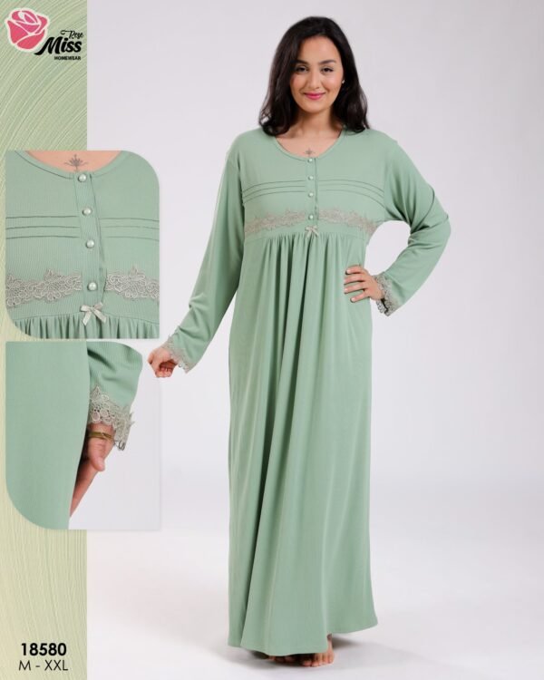 Rose Miss Chemise de nuit longue dentelle – Réf 18580 – Vert sauge