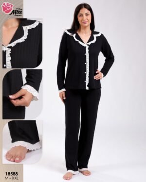 Rose Miss Pyjama chemise gaufré dentelle – Réf 18588 – Noir