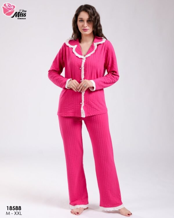 Rose Miss Pyjama chemise gaufré dentelle – Réf 18588 – Fuchsia