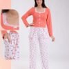 Rose Miss Pyjama haut côtelé nœuds pantalon fleuri – Réf 18597 – Corail