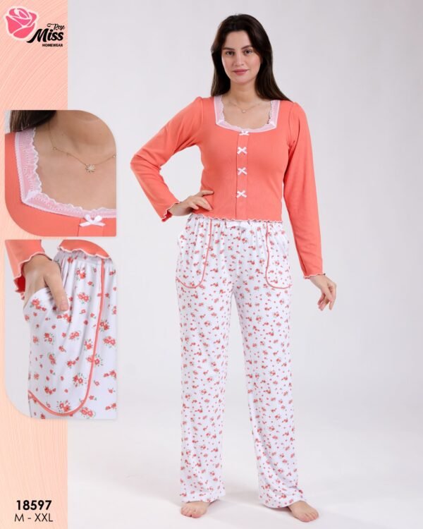 Rose Miss Pyjama haut côtelé nœuds pantalon fleuri – Réf 18597 – Corail