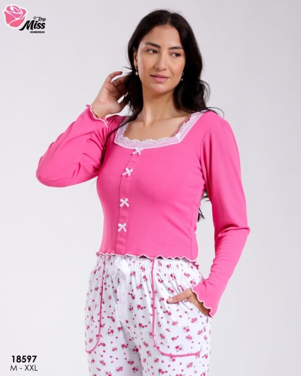 Rose Miss Pyjama haut côtelé nœuds pantalon fleuri – Réf 18597 – Fuchsia