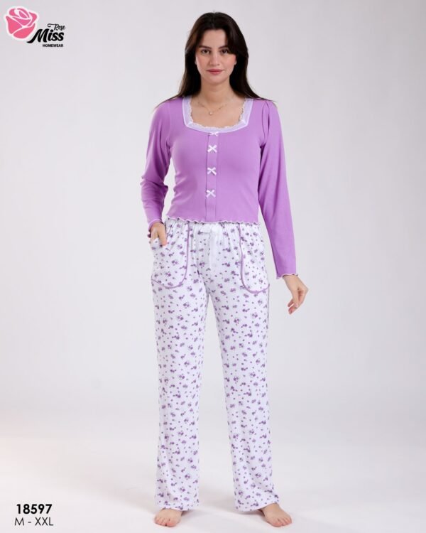 Rose Miss Pyjama haut côtelé nœuds pantalon fleuri – Réf 18597 – Lilas