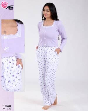 Rose Miss Pyjama haut côtelé nœuds pantalon fleuri – Réf 18598 – Lilas