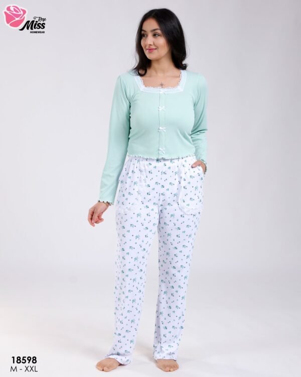 Rose Miss Pyjama haut côtelé nœuds pantalon fleuri – Réf 18598 – Vert d'eau