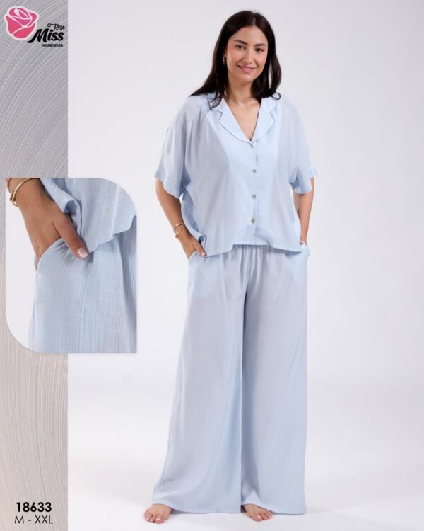 Rose Miss Ensemble chemise et pantalon large – Réf 18633 – Bleu ciel