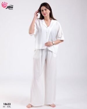 Rose Miss Ensemble chemise et pantalon large – Réf 18633 – Blanc
