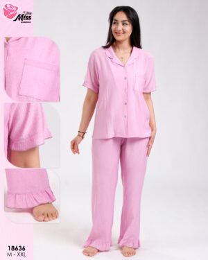 Rose Miss Pyjama chemise et pantalon à volants – Réf 18636 – Rose