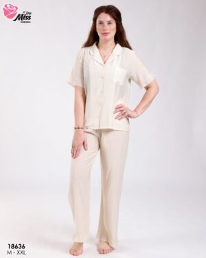 Rose Miss Pyjama chemise et pantalon à volants – Réf 18636 – Beige