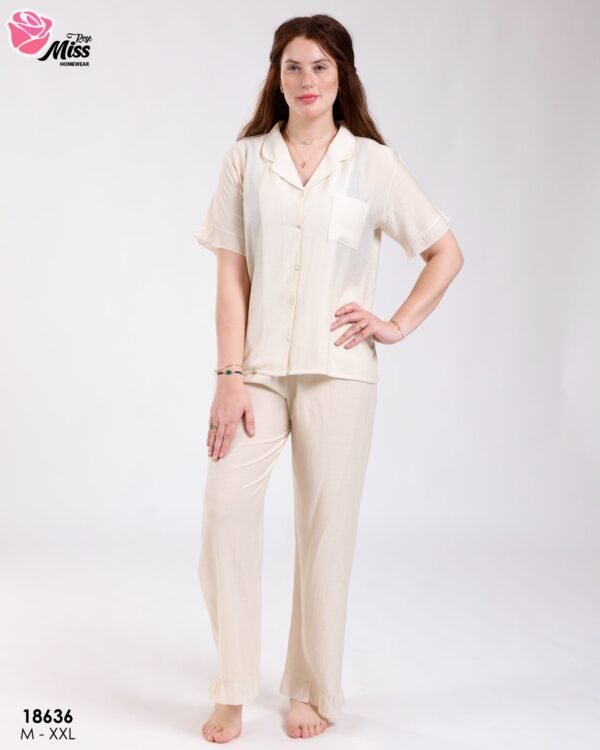 Rose Miss Pyjama chemise et pantalon à volants – Réf 18636 – Beige