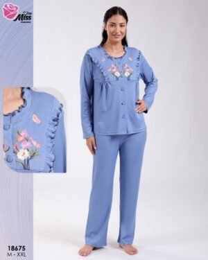 Rose Miss Pyjama boutonné brodé fleurs – Réf 18675 – Bleu