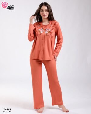 Rose Miss Pyjama boutonné brodé fleurs – Réf 18675 – Orange