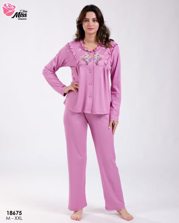 Rose Miss Pyjama boutonné brodé fleurs – Réf 18675 – Rose