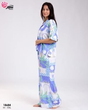 Rose Miss Ensemble chemise et pantalon large imprimé – Réf 18684 – Bleu violet