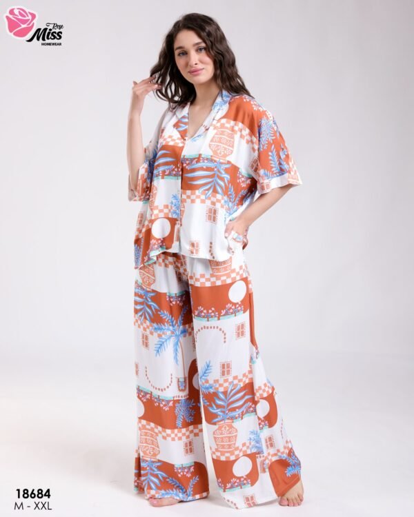 Rose Miss Ensemble chemise et pantalon large imprimé – Réf 18684 – Orange