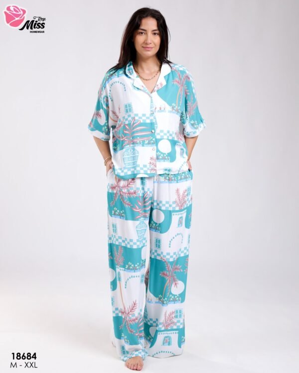 Rose Miss Ensemble chemise et pantalon large imprimé – Réf 18684 – Turquoise