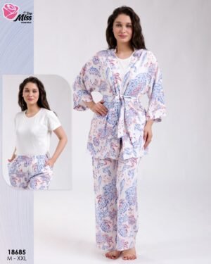 Rose Miss Ensemble kimono imprimé débardeur et pantalon 3 pièces – Réf 18685 – Bleu