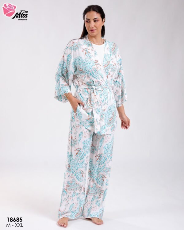 Rose Miss Ensemble kimono imprimé débardeur et pantalon 3 pièces – Réf 18685 – Turquoise