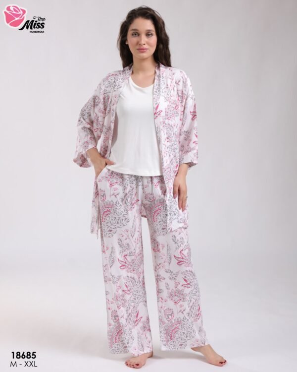 Rose Miss Ensemble kimono imprimé débardeur et pantalon 3 pièces – Réf 18685 – Rose