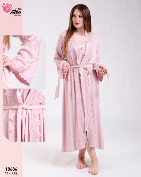Rose Miss Ensemble robe de nuit et peignoir dentelle 2 pièces – Réf 18686 – Vieux rose