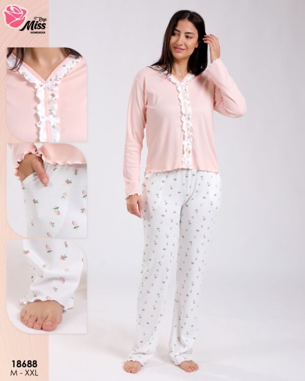 Rose Miss Pyjama haut côtelé à volants pantalon fleuri – Réf 18688 – Pêche