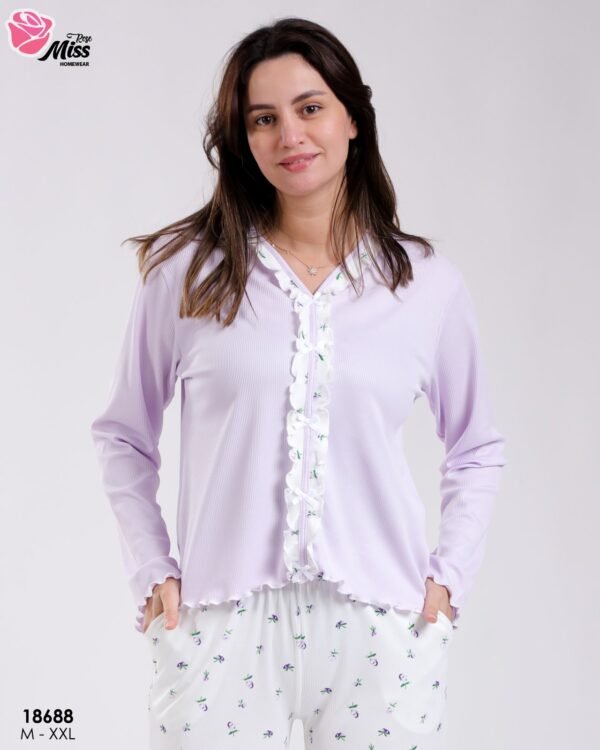Rose Miss Pyjama haut côtelé à volants pantalon fleuri – Réf 18688 – Lilas