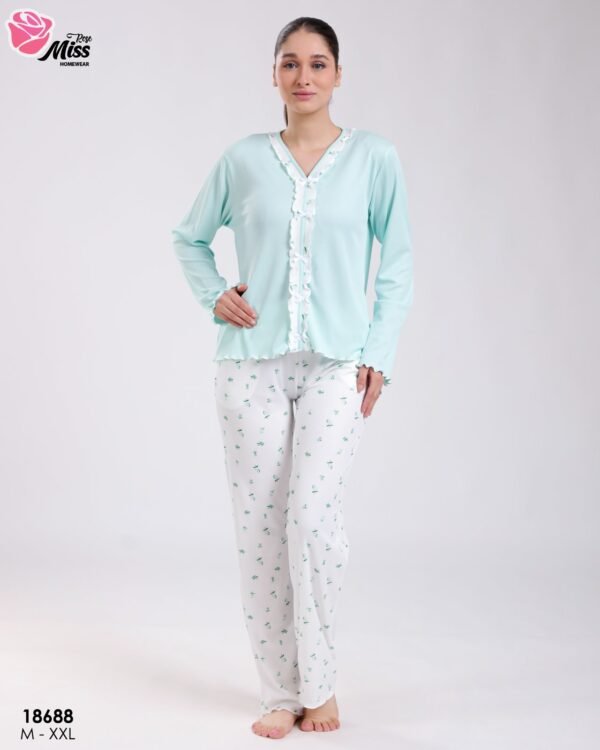 Rose Miss Pyjama haut côtelé à volants pantalon fleuri – Réf 18688 – Vert d'eau