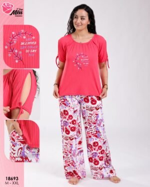 Rose Miss Ensemble t-shirt brodé et pantalon large imprimé – Réf 18693 – Corail