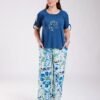 Rose Miss Ensemble t-shirt brodé et pantalon large imprimé – Réf 18693 – Bleu pétrole