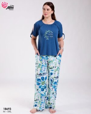 Rose Miss Ensemble t-shirt brodé et pantalon large imprimé – Réf 18693 – Bleu pétrole