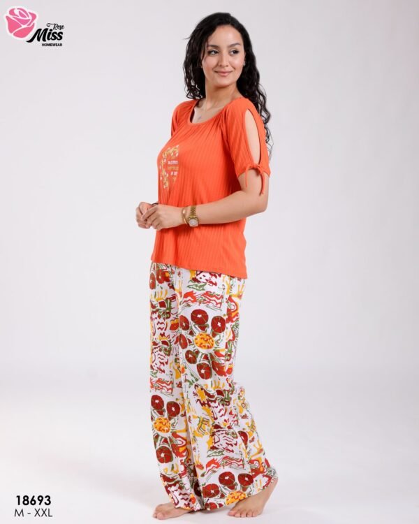 Rose Miss Ensemble t-shirt brodé et pantalon large imprimé – Réf 18693 – Orange