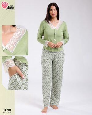 Rose Miss Pyjama haut dentelle nœuds et pantalon imprimé – Réf 18701 – Vert