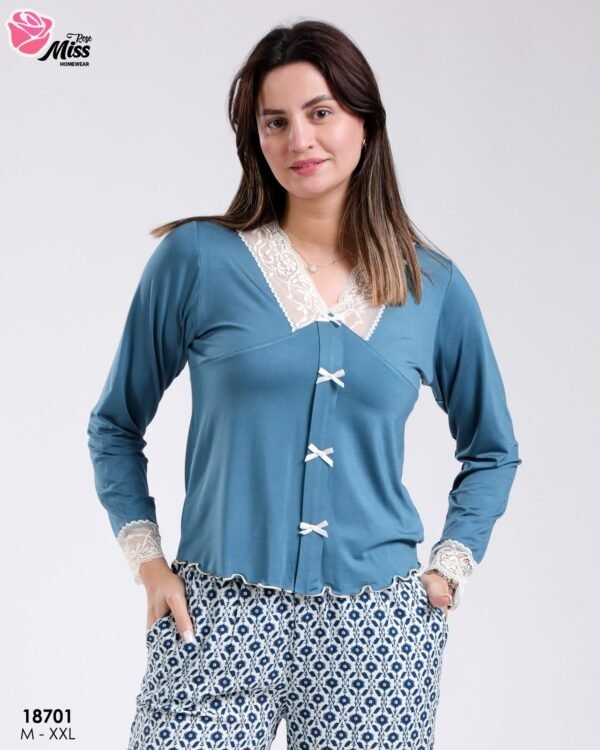 Rose Miss Pyjama haut dentelle nœuds et pantalon imprimé – Réf 18701 – Bleu pétrole