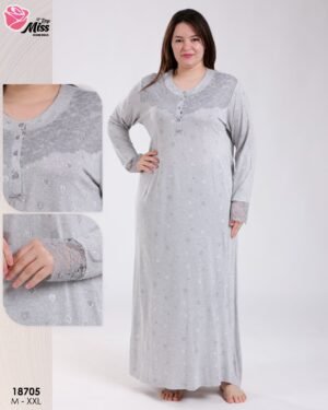 Rose Miss Robe de nuit longue dentelle imprimé coeurs – Réf 18705 – Gris