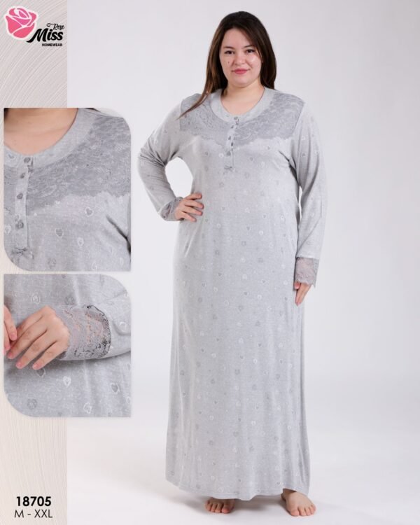Rose Miss Robe de nuit longue dentelle imprimé coeurs – Réf 18705 – Gris