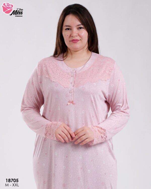 Rose Miss Robe de nuit longue dentelle imprimé coeurs – Réf 18705 – Rose