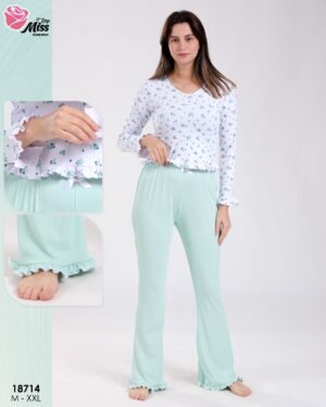 Rose Miss Pyjama haut fleuri et pantalon à volants – Réf 18714 – Vert d'eau