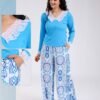 Rose Miss Ensemble haut dentelle et pantalon large imprimé – Réf 18720 – Bleu ciel