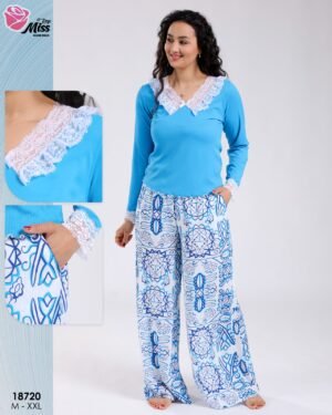 Rose Miss Ensemble haut dentelle et pantalon large imprimé – Réf 18720 – Bleu ciel