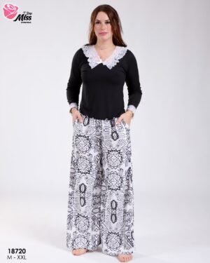 Rose Miss Ensemble haut dentelle et pantalon large imprimé – Réf 18720 – Noir