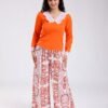 Rose Miss Ensemble haut dentelle et pantalon large imprimé – Réf 18720 – Orange
