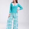 Rose Miss Ensemble haut dentelle et pantalon large imprimé – Réf 18720 – Turquoise