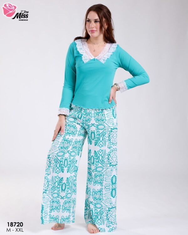 Rose Miss Ensemble haut dentelle et pantalon large imprimé – Réf 18720 – Turquoise