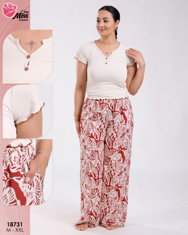 Rose Miss Ensemble t-shirt et pantalon large imprimé – Réf 18731 – Brique