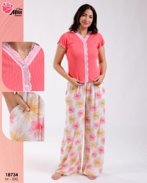 Rose Miss Ensemble haut dentelle et pantalon large imprimé – Réf 18734 – Corail