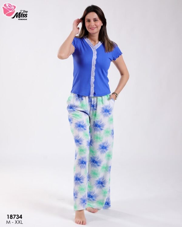Rose Miss Ensemble haut dentelle et pantalon large imprimé – Réf 18734 – Bleu roi