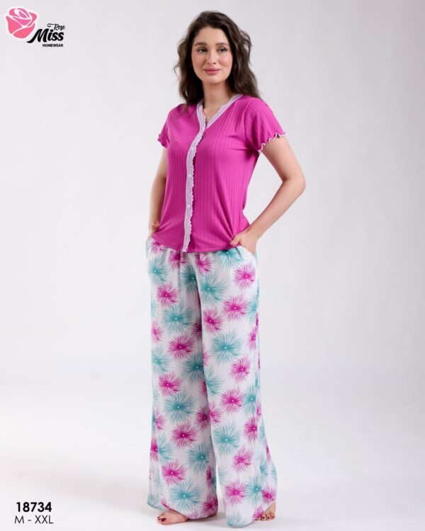 Rose Miss Ensemble haut dentelle et pantalon large imprimé – Réf 18734 – Fuchsia
