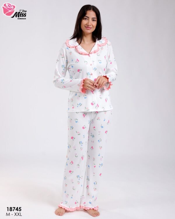 Rose Miss Pyjama fleuri col volants avec débardeur – Réf 18745 – Corail