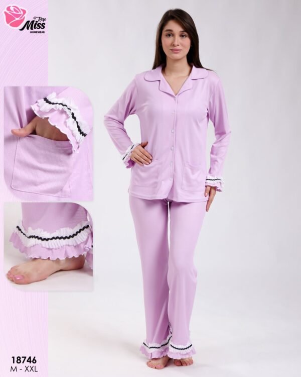 Rose Miss Pyjama boutonné volants passepoil – Réf 18746 – Lilas