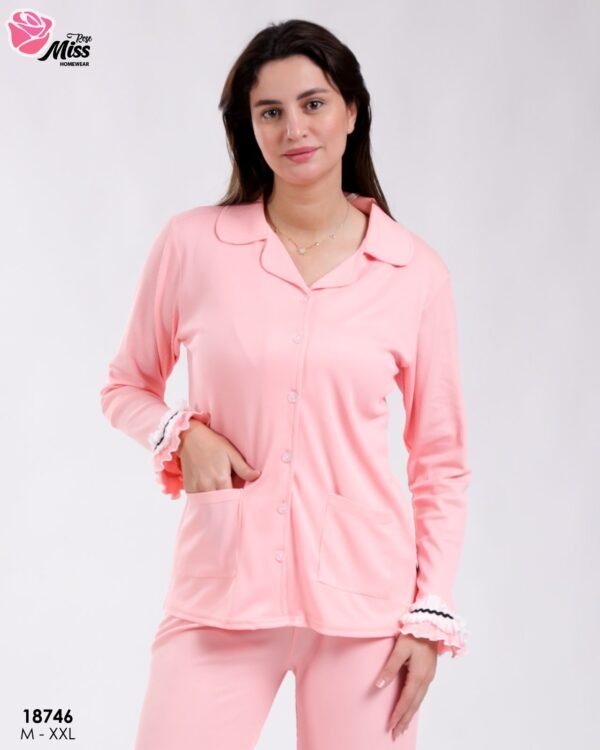 Rose Miss Pyjama boutonné volants passepoil – Réf 18746 – Rose